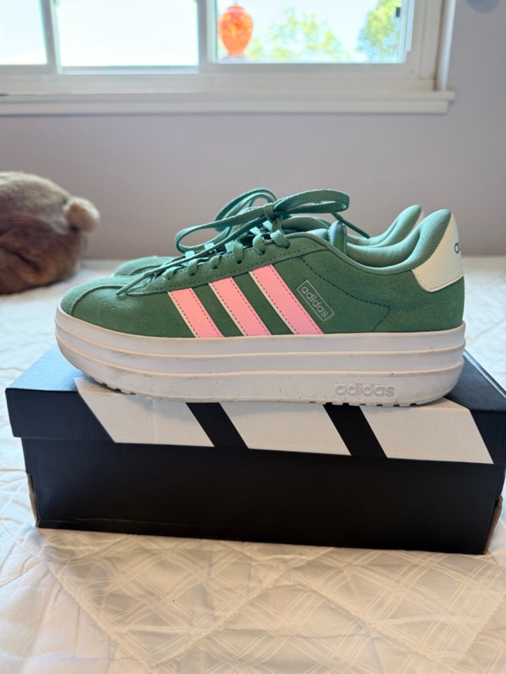 adidas Women’s Mint Green Platform Sneakers with Pink Stripes